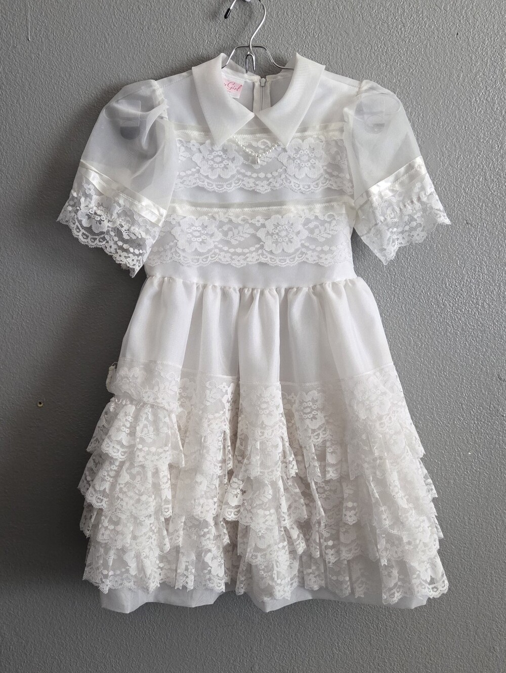 Merry Girl Vintage 1984 Party Dress Girl 7 White Lace Ruffle Tiered Coquette 80s